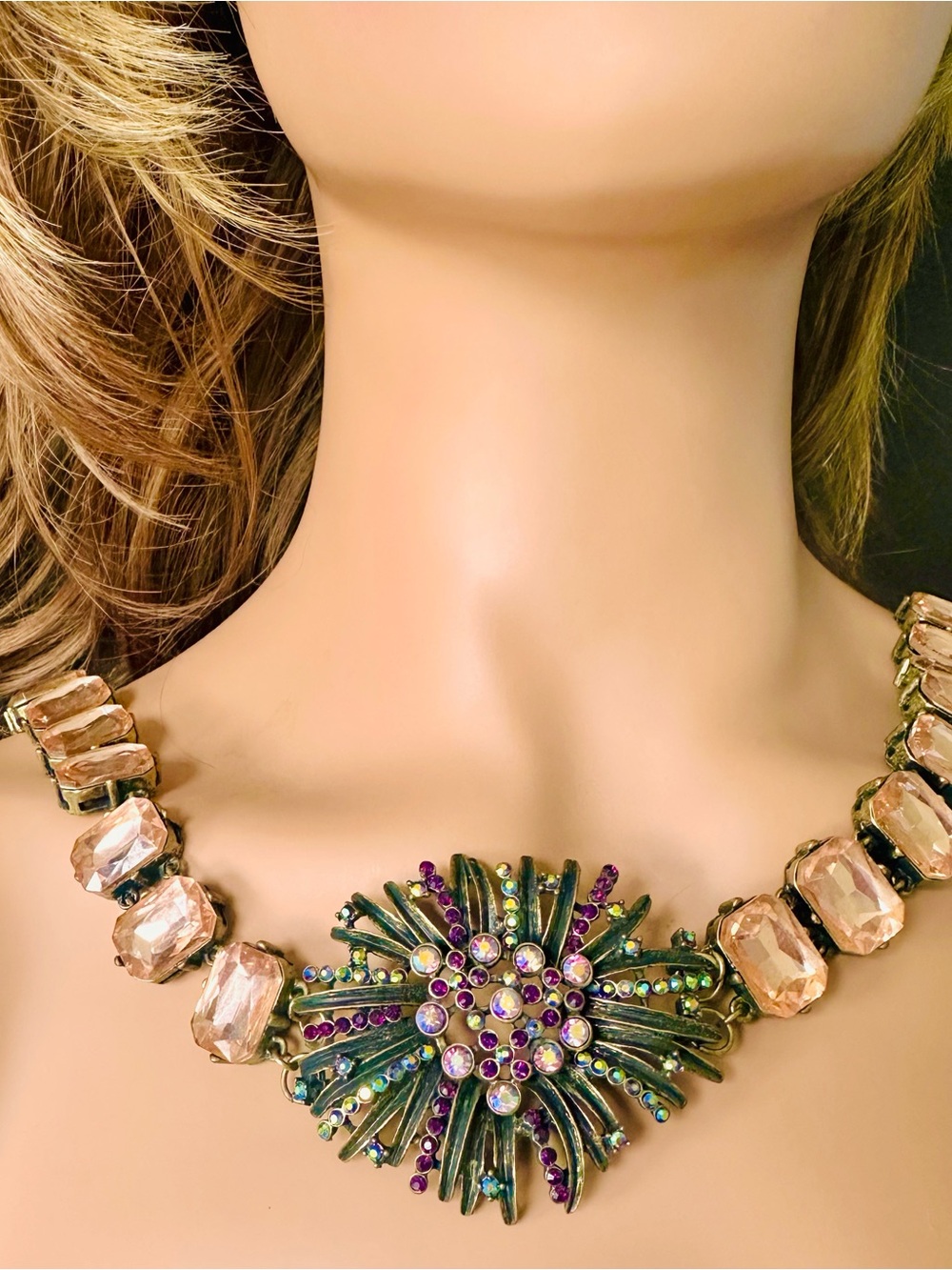 Leslie Danzis Vintage Peach/Champagne Crystal Statement Necklace